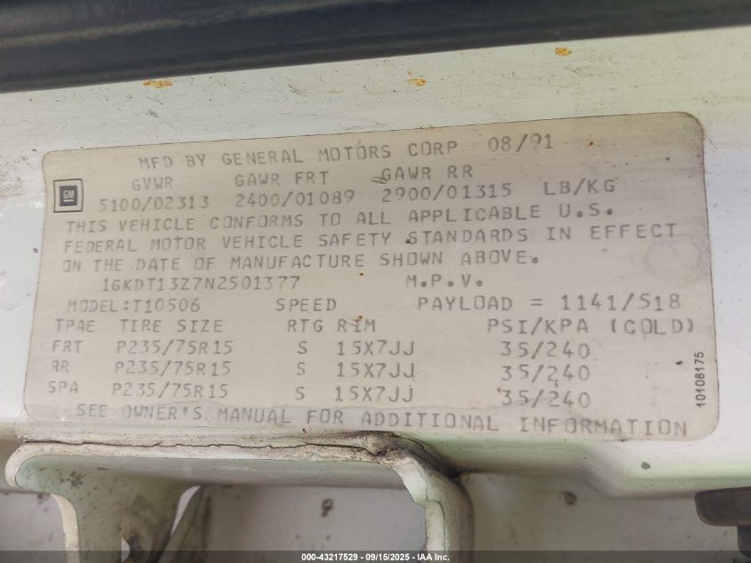 1992 GMC S15 Jimmy VIN: 1GKDT13Z7N2501377 Lot: 43217529