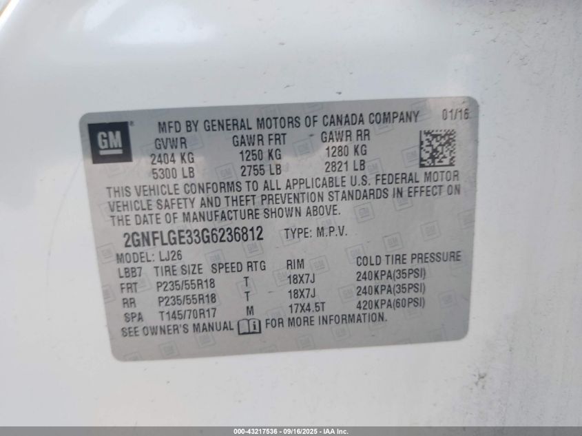 2016 Chevrolet Equinox Ltz VIN: 2GNFLGE33G6236812 Lot: 43217536