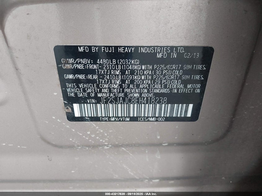 2014 SUBARU FORESTER 2.5I LIMITED - JF2SJAJC8EH418238