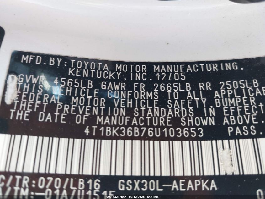 2006 Toyota Avalon Limited VIN: 4T1BK36B76U103653 Lot: 43217547