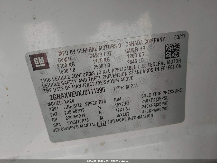 2018 Chevrolet Equinox Premier VIN: 2GNAXVEVXJ6111396 Lot: 43217548