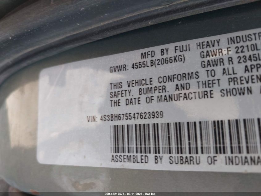 2004 Subaru Outback VIN: 4S3BH675547623939 Lot: 43217575