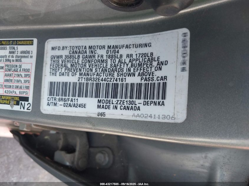 2004 Toyota Corolla Le VIN: 2T1BR32E44C274161 Lot: 43217585