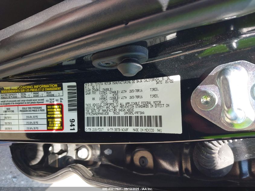 2022 Toyota Tacoma Trd Off Road VIN: 3TMCZ5AN2NM481030 Lot: 43217621