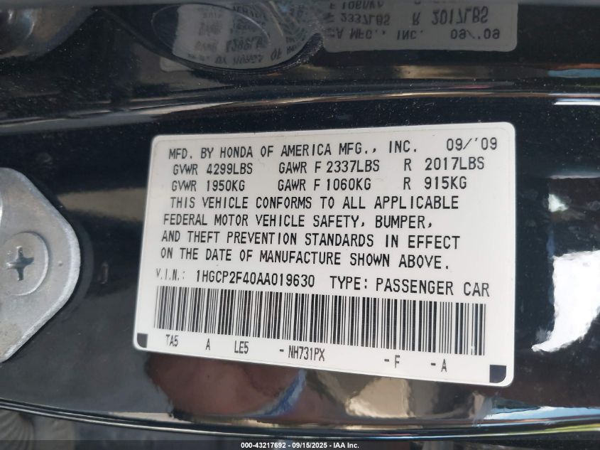 2010 Honda Accord 2.4 Lx-P VIN: 1HGCP2F40AA019630 Lot: 43217692