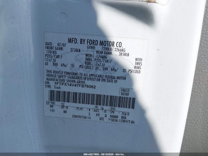2007 Ford F-150 Fx4/Lariat/Xl/Xlt VIN: 1FTPX14V47FB76062 Lot: 43217693
