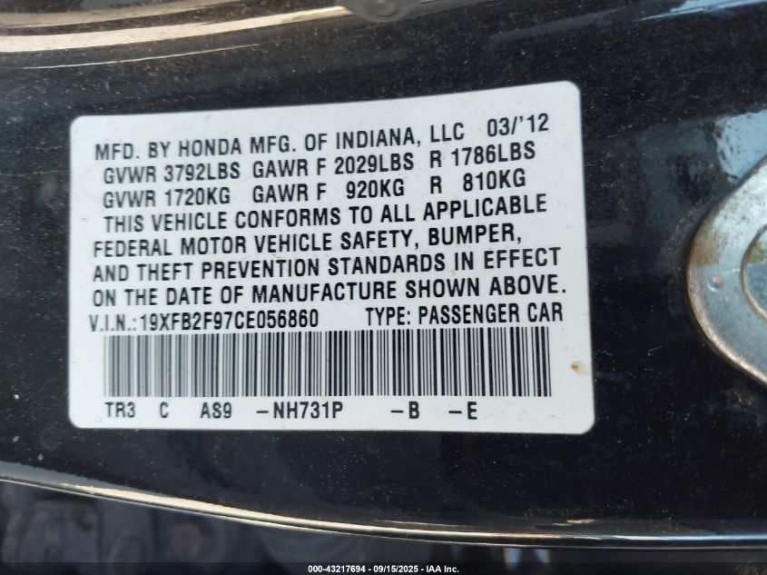 2012 Honda Civic Ex-L VIN: 19XFB2F97CE056860 Lot: 43217694