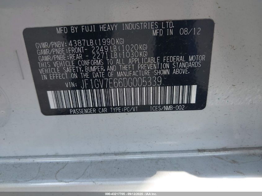 2013 Subaru Impreza Wrx VIN: JF1GV7E66DG005339 Lot: 43217705