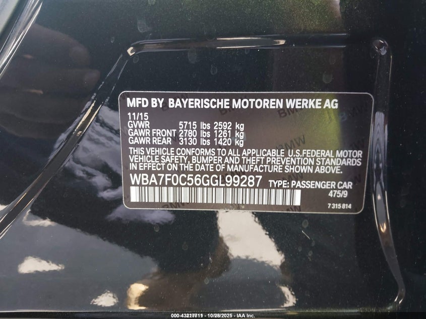 WBA7F0C56GGL99287 | 2016 BMW 750I