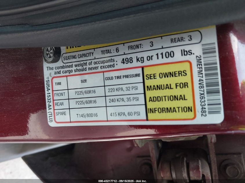 2007 Mercury Grand Marquis Gs VIN: 2MEFM74V87X633482 Lot: 43217712