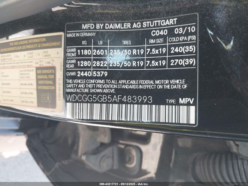 2010 Mercedes-Benz Glk 350 VIN: WDCGG5GB5AF483993 Lot: 43217721
