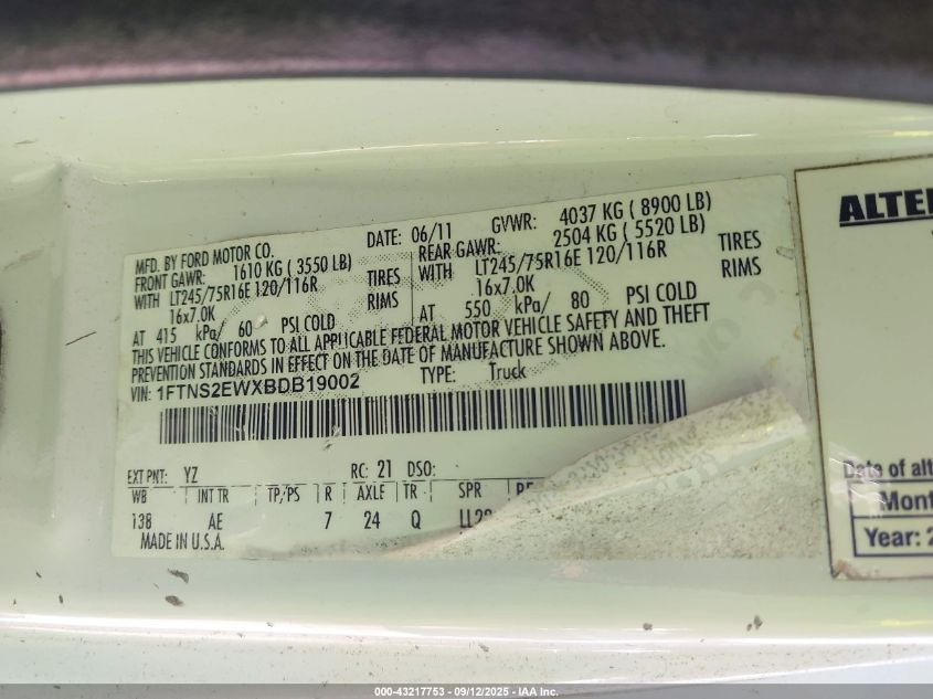 2011 Ford E-250 Commercial VIN: 1FTNS2EWXBDB19002 Lot: 43217753