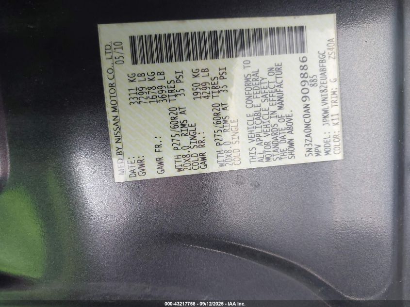 2010 Infiniti Qx56 VIN: 5N3ZA0NC0AN909886 Lot: 43217758