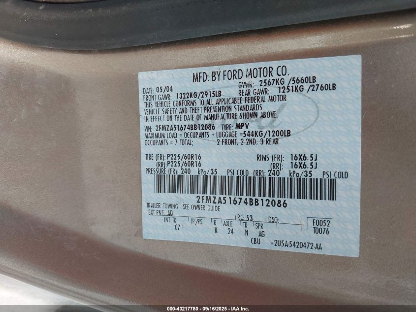 2004 Ford Freestar Se VIN: 2FMZA51674BB12086 Lot: 43217780