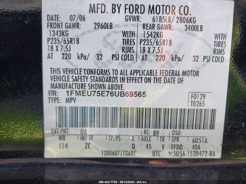 2006 Ford Explorer Limited VIN: 1FMEU75E76UB69565 Lot: 43217785