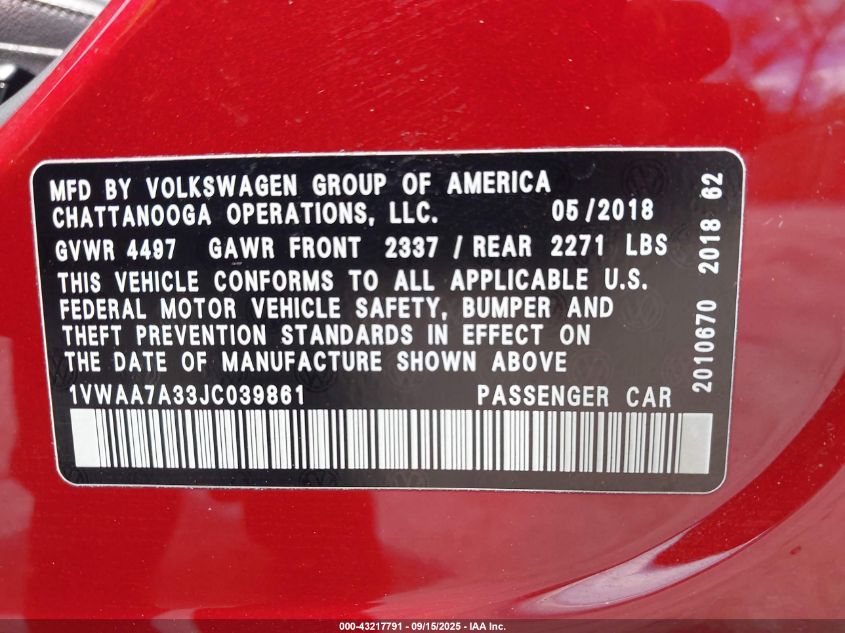 2018 Volkswagen Passat 2.0T R-Line/2.0T S VIN: 1VWAA7A33JC039861 Lot: 43217791