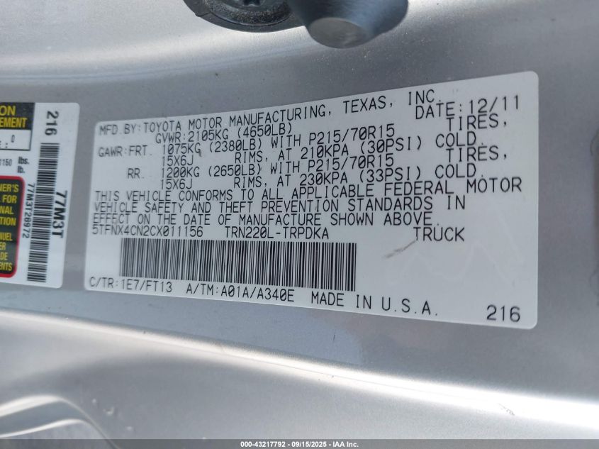 2012 Toyota Tacoma VIN: 5TFNX4CN2CX011156 Lot: 43217792