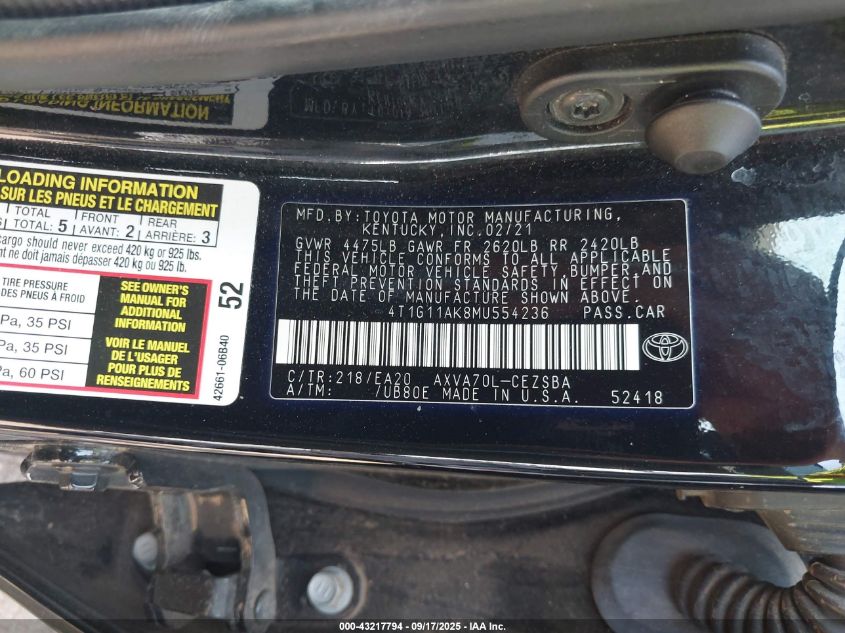 2021 Toyota Camry Se VIN: 4T1G11AK8MU554236 Lot: 43217794