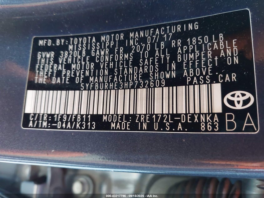 2017 Toyota Corolla Le VIN: 5YFBURHE3HP732609 Lot: 43217796