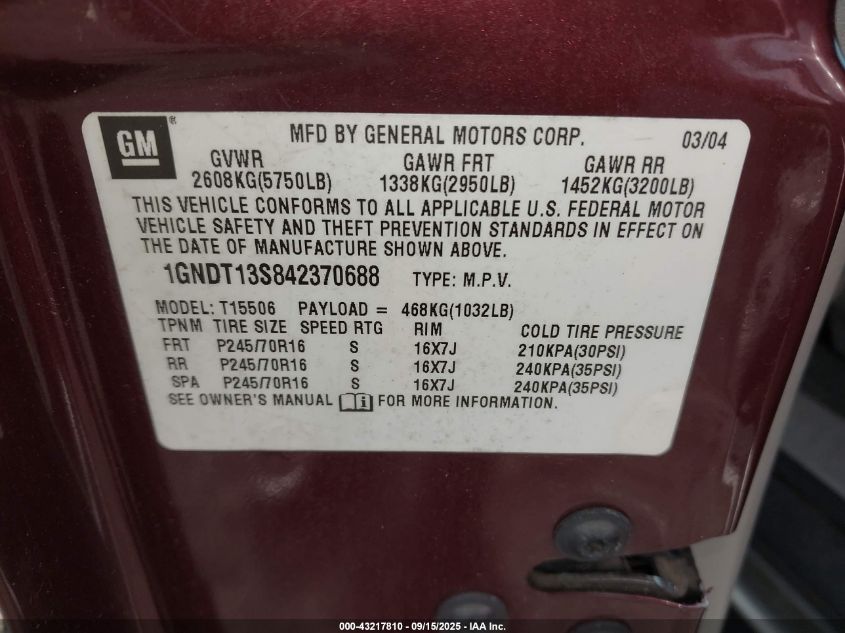 2004 Chevrolet Trailblazer Lt VIN: 1GNDT13S842370688 Lot: 43217810