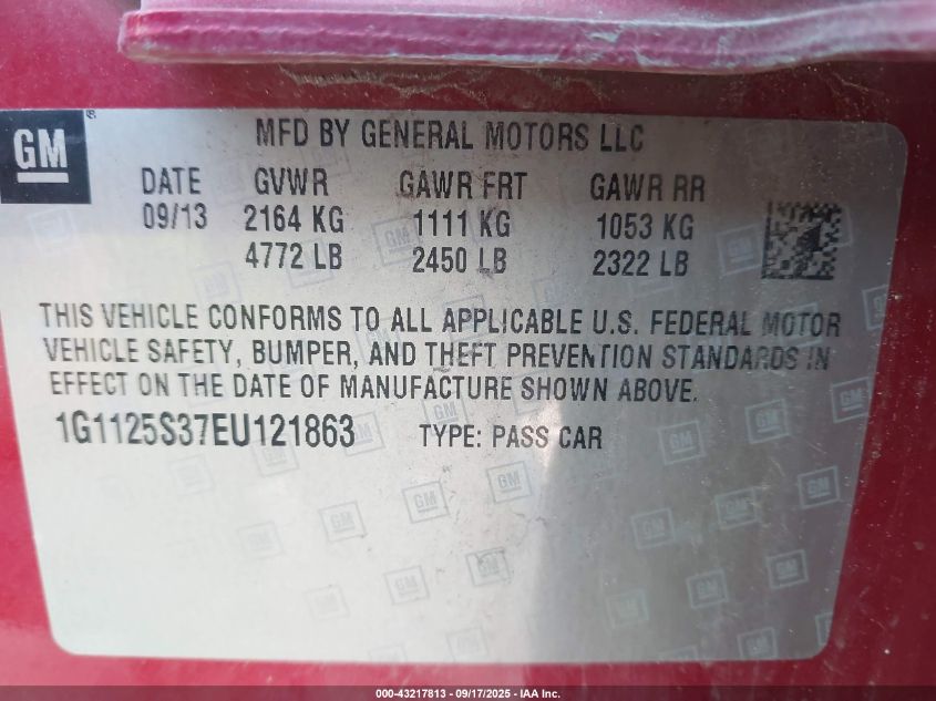 2014 Chevrolet Impala 2Lt VIN: 1G1125S37EU121863 Lot: 43217813