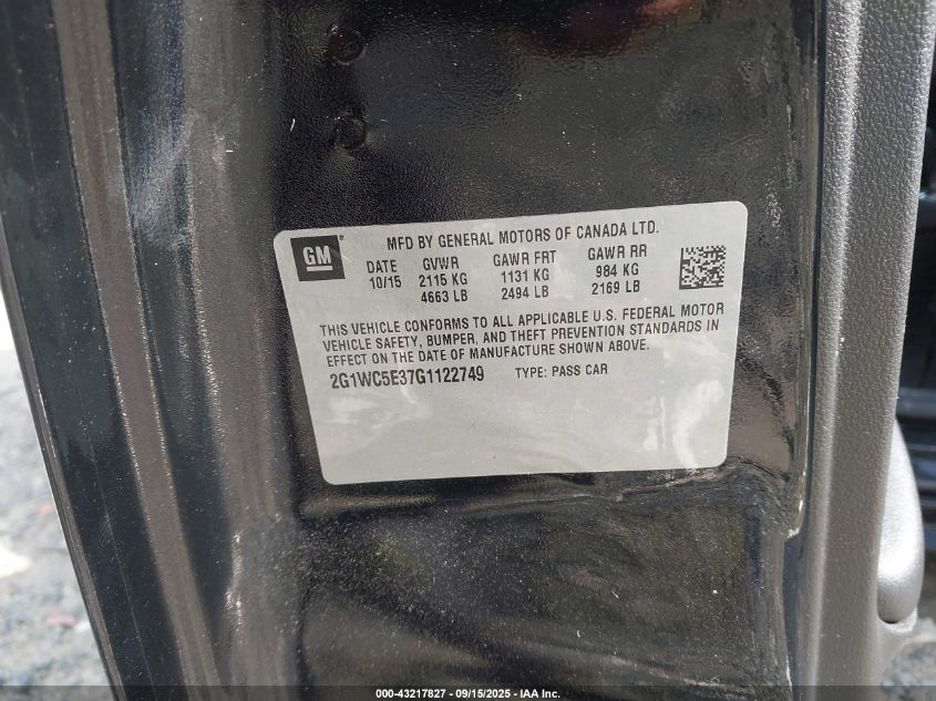 2016 Chevrolet Impala Limited Ltz VIN: 2G1WC5E37G1122749 Lot: 43217827