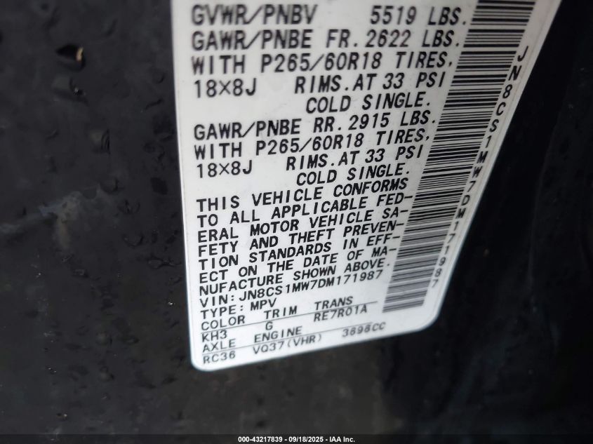 2013 Infiniti Fx37 VIN: JN8CS1MW7DM171987 Lot: 43217839