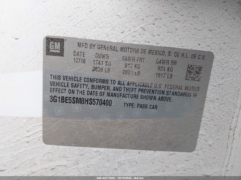 2017 Chevrolet Cruze Lt Auto VIN: 3G1BE5SM8HS570400 Lot: 43217843