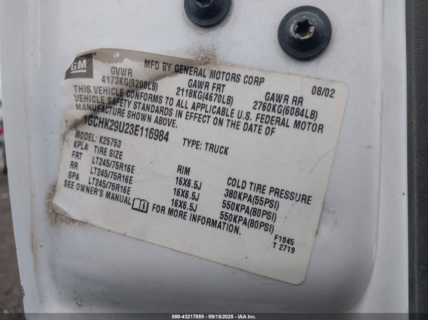 2003 Chevrolet Silverado 2500Hd Ls VIN: 1GCHK29U23E116984 Lot: 43217859