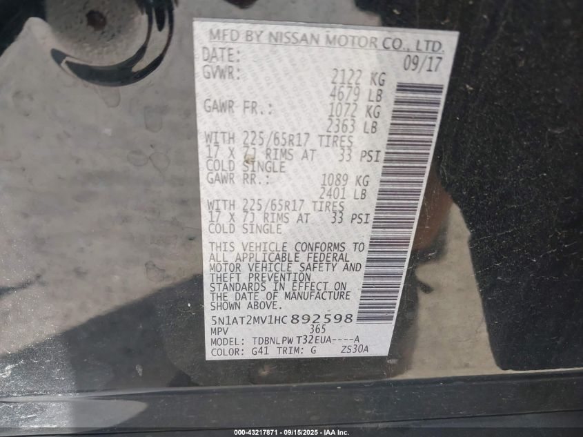 2017 Nissan Rogue S VIN: 5N1AT2MV1HC892598 Lot: 43217871