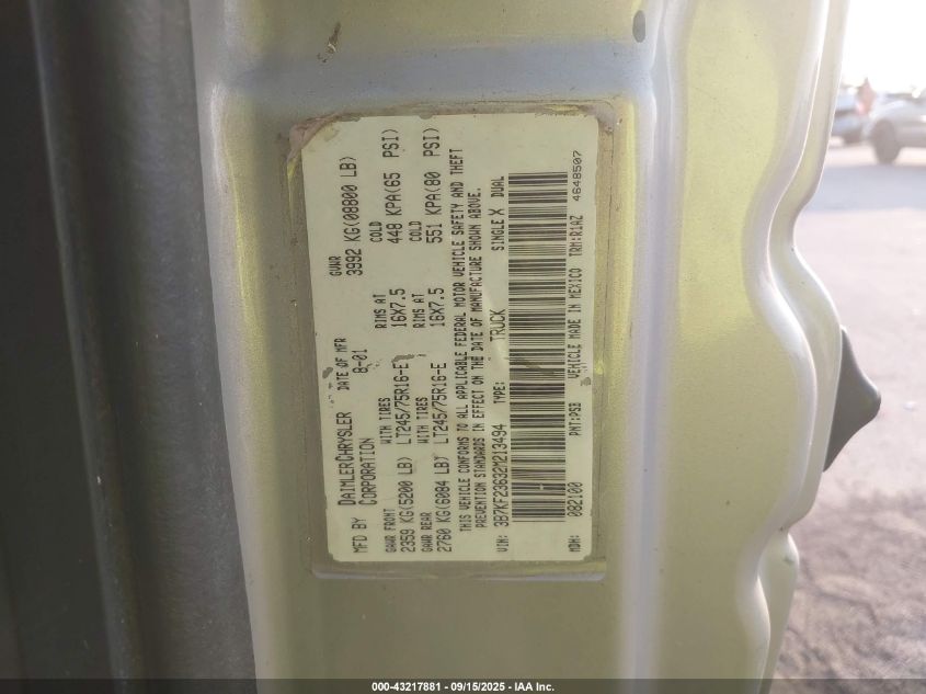 2002 Dodge Ram 2500 St VIN: 3B7KF23632M213494 Lot: 43217881