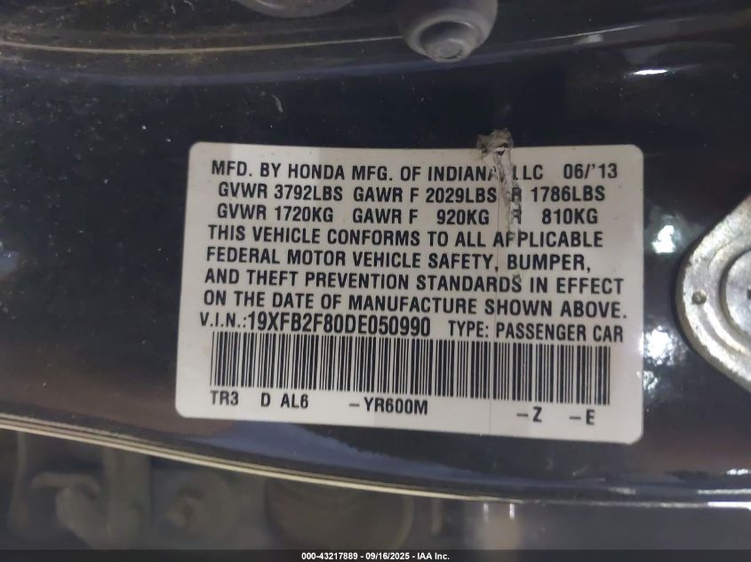 2013 Honda Civic Ex VIN: 19XFB2F80DE050990 Lot: 43217889