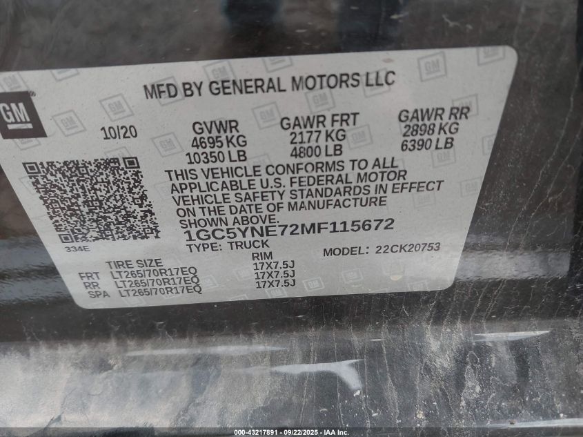 2021 Chevrolet Silverado 2500Hd 4Wd Standard Bed Lt VIN: 1GC5YNE72MF115672 Lot: 43217891