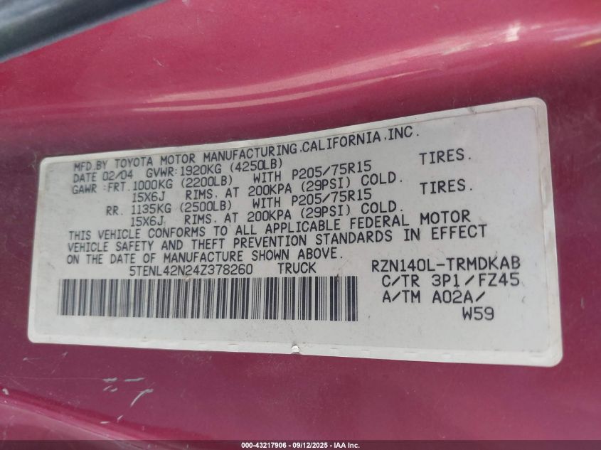 2004 Toyota Tacoma VIN: 5TENL42N24Z378260 Lot: 43217906