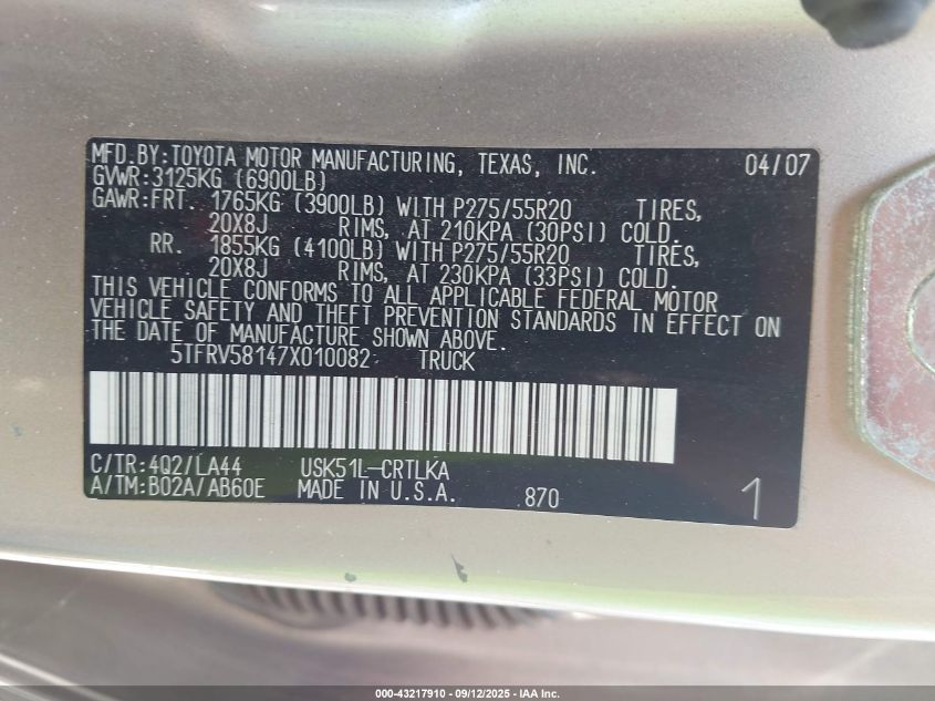 2007 Toyota Tundra Limited 5.7L V8 VIN: 5TFRV58147X010082 Lot: 43217910