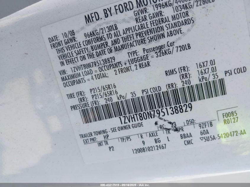 2009 Ford Mustang V6/V6 Premium VIN: 1ZVHT80N795138829 Lot: 43217919