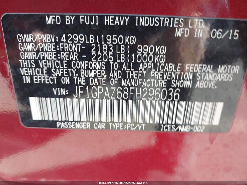 2015 SUBARU IMPREZA 2.0I SPORT LIMITED JF1GPAZ68FH296036