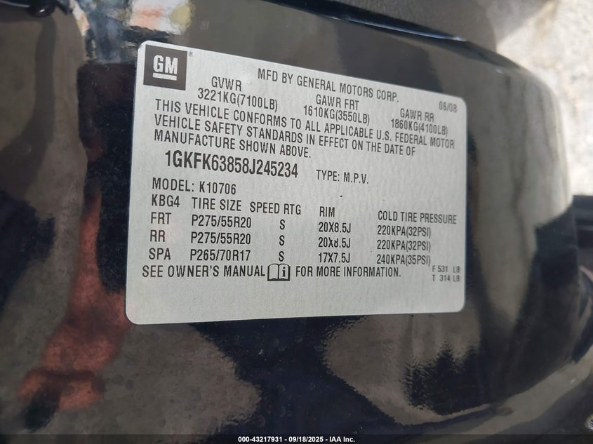 2008 GMC Yukon Denali VIN: 1GKFK63858J245234 Lot: 43217931
