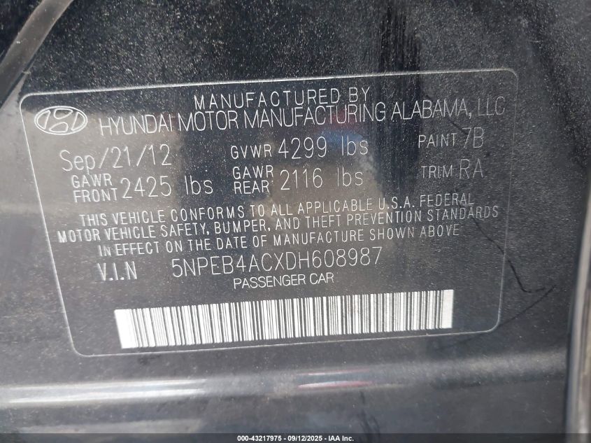 2013 Hyundai Sonata Gls VIN: 5NPEB4ACXDH608987 Lot: 43217975