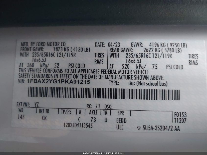 2023 Ford Transit-350 Passenger Van Xlt VIN: 1FBAX2YG1PKA91215 Lot: 43217979