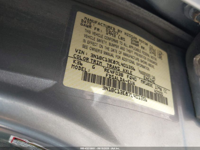 2007 Nissan Versa 1.8S VIN: 3N1BC13E87L401356 Lot: 43218001