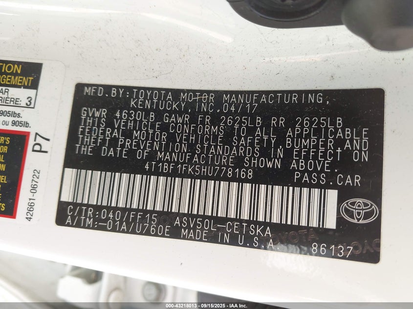 2017 TOYOTA CAMRY SE - 4T1BF1FK5HU778168