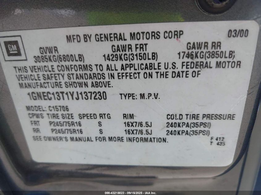 2000 Chevrolet Tahoe All New Lt VIN: 1GNEC13T1YJ137230 Lot: 43218023