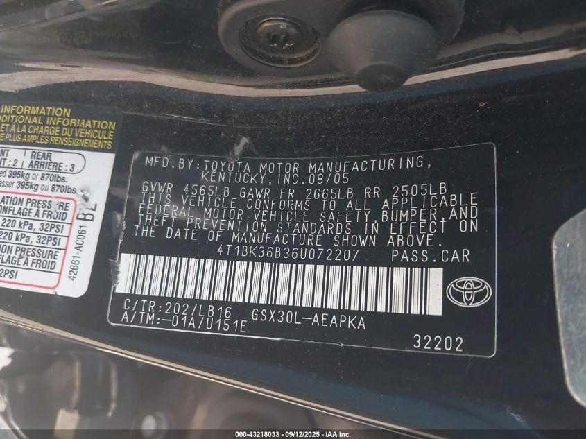 2006 Toyota Avalon Limited VIN: 4T1BK36B36U072207 Lot: 43218033