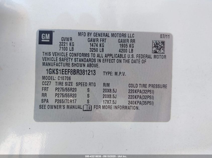2011 GMC Yukon Denali VIN: 1GKS1EEF8BR381213 Lot: 43218036