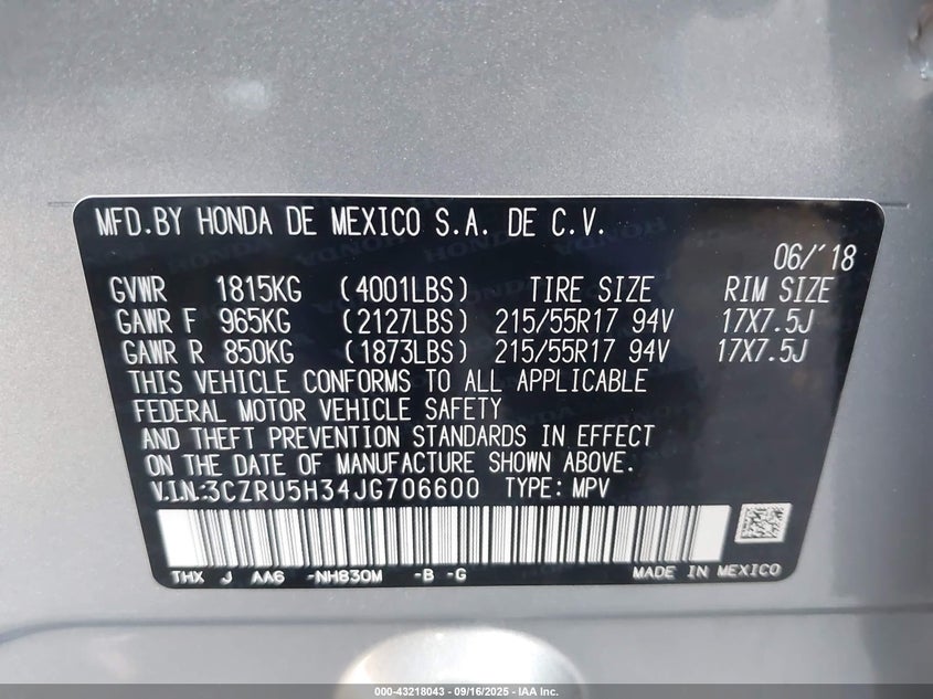 2018 HONDA HR-V LX - 3CZRU5H34JG706600