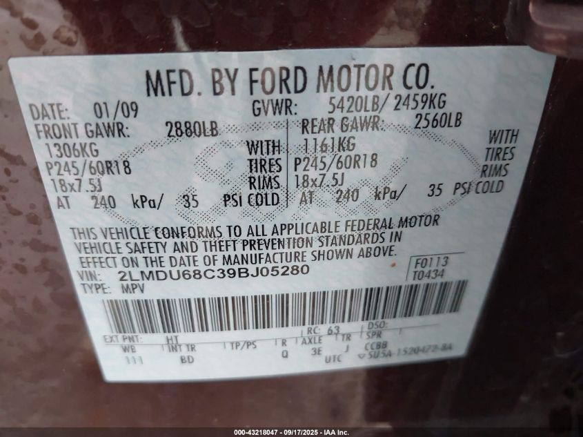 2009 Lincoln Mkx VIN: 2LMDU68C39BJ05280 Lot: 43218047