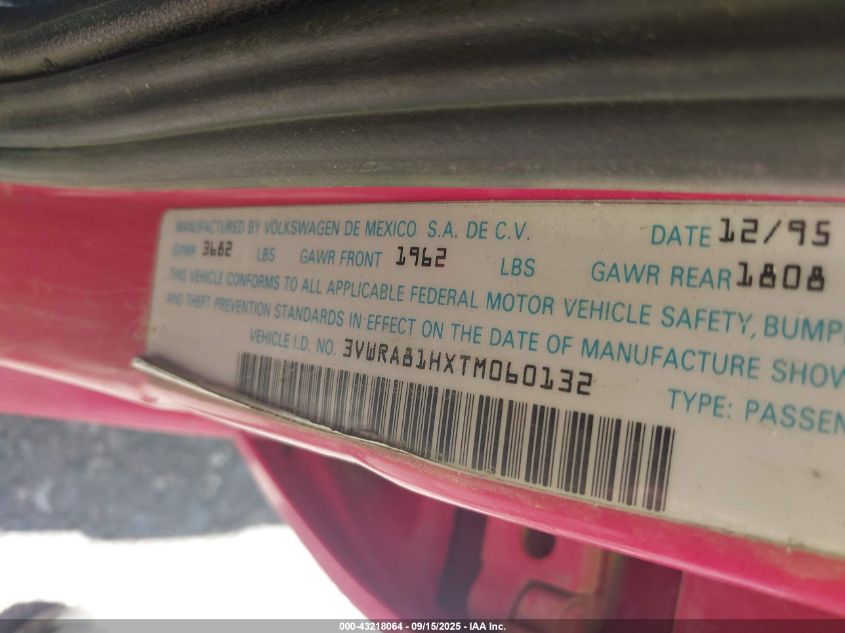 1996 Volkswagen Jetta Gl VIN: 3VWRA81HXTM060132 Lot: 43218064