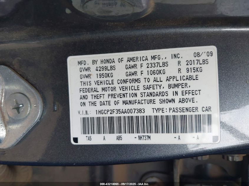 2010 Honda Accord 2.4 Lx VIN: 1HGCP2F35AA007383 Lot: 43218065