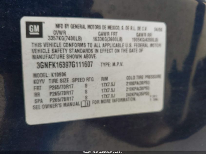 2007 Chevrolet Suburban 1500 Lt VIN: 3GNFK16397G111607 Lot: 43218066